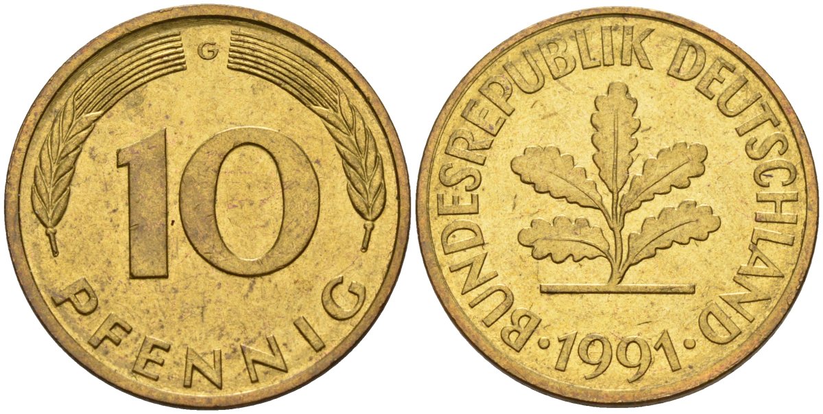 ФРГ 10 пфеннигов 1991 G KM 108, J. 383 сталь плакированная латунью 4175-1157