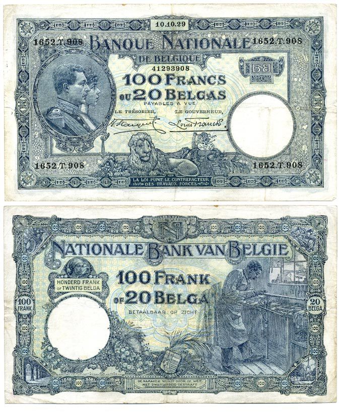 БЕЛЬГИЯ 100 ФРАНКОВ = 20 БЕЛГА 1929 10 ОКТЯБРЯ 1929 Pick 102 бумага 7486-70-1