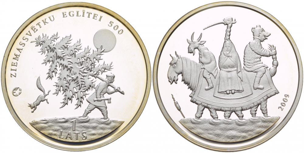 Латвия 1 лат 2009 500 лет рождественской ели KM 105 серебро PROOF 11-167-12