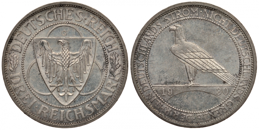 Германия 3 марки 1930 G, освобождение Рейнлянда J. 345, KM 70 серебро aUNC 00-814-73