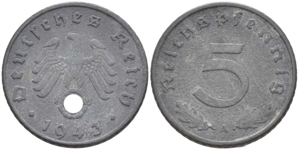 ГЕРМАНИЯ 5 РЕЙХСПФЕННИГОВ 1943 A KM 100, J. 370 цинк 211-541