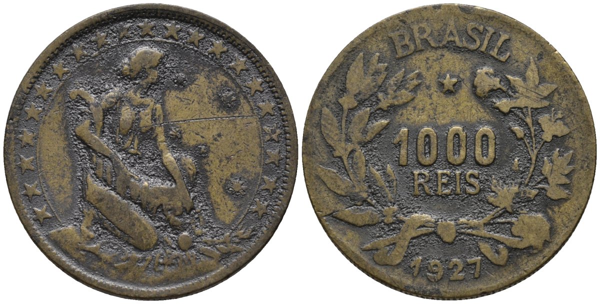 Бразилия 1000 рейс 1927 KM 525 алюминиевая бронза 4577-1115