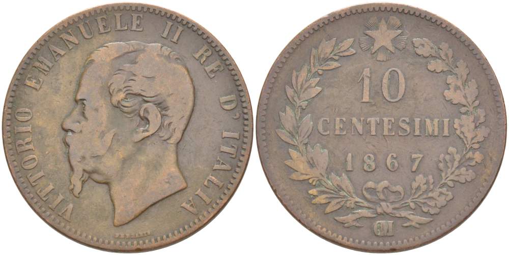 Италия 10 чентезимо 1867 OM, Виктор Эммануил II (1861-1878) KM 11.5 медь 4526-911