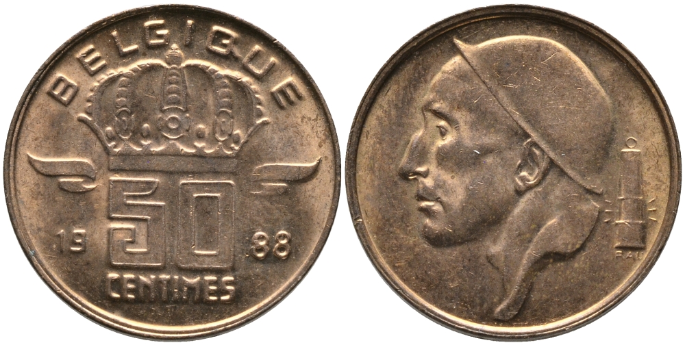 БЕЛЬГИЯ 50 САНТИМОВ 1988 BELGIQUE, БОДУЭН I (1951-1993) KM 148.1 бронза 99-1216