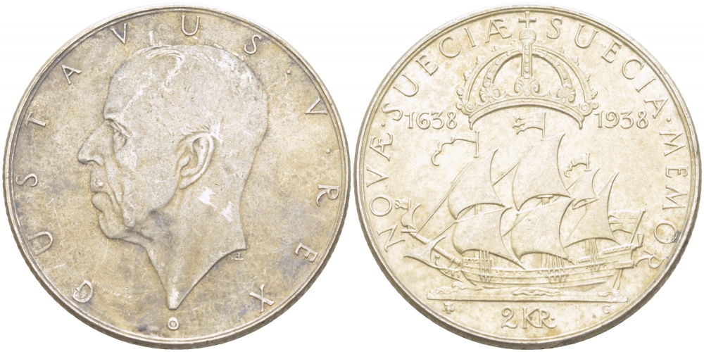 Швеция 2 кроны 1938 G, Густав V (1907-1950), 300 лет шведским поселениям в Делавере KM 807 серебро 1515-1031