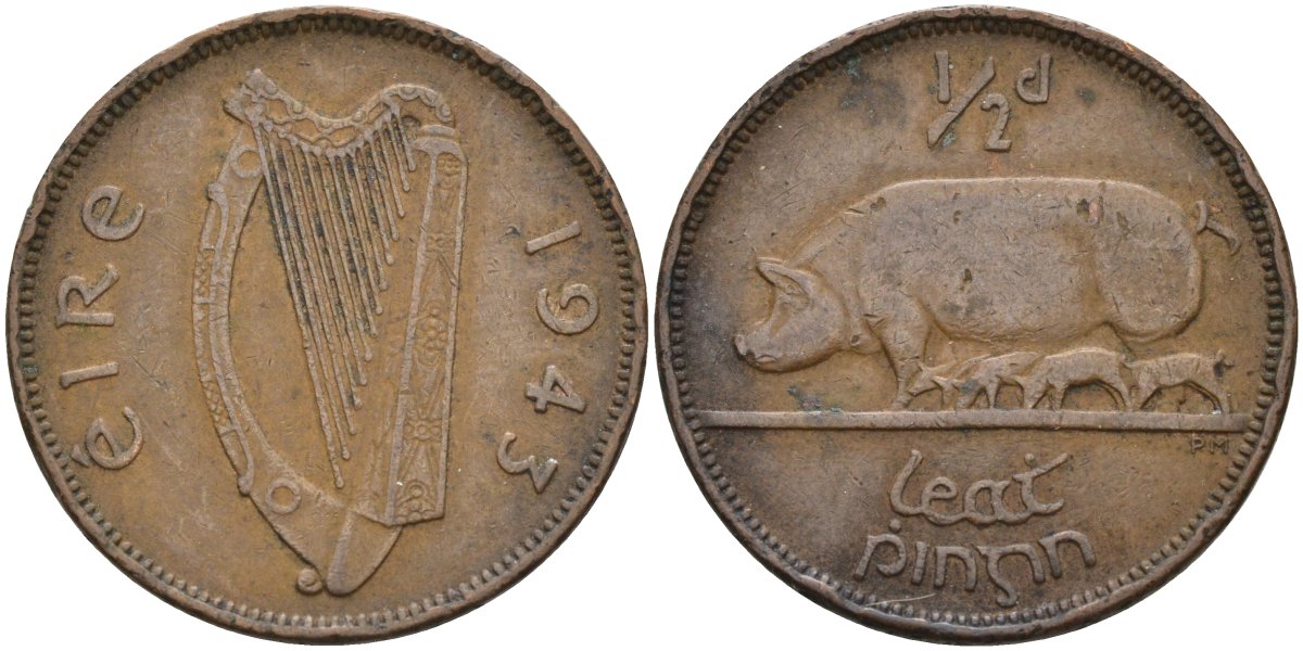 Ирландия 1/2 пенни 1943 свинья с поросятам KM 10 бронза 4132-326