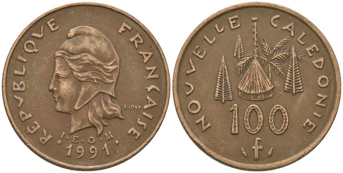 Французская Новая Каледония 100 франков 1991 хижина среди сосен и пальм, (IEOM) KM 15, Schoen 16, Lec 136 никель бронза 88-716