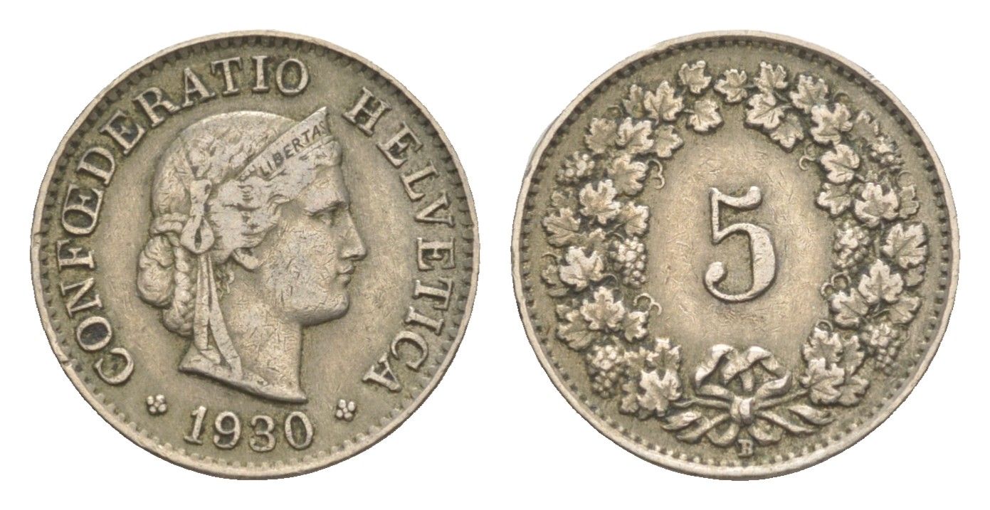 Швейцария 5 раппенов 1930 B KM 26 медно-никель 4643-329