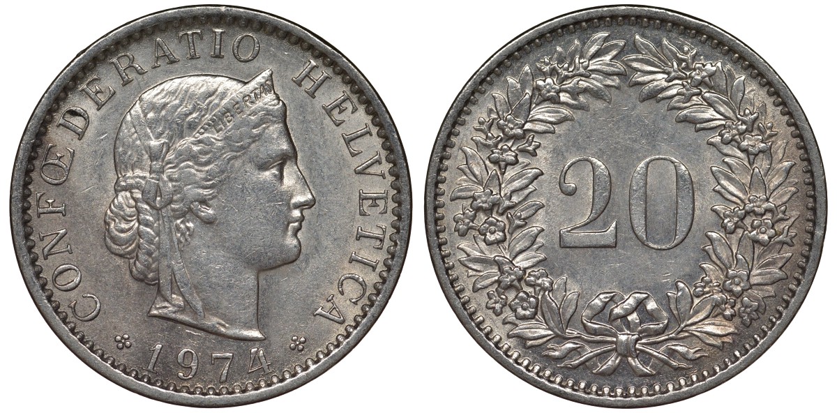 Швейцария 20 раппенов 1974 KM 29а медно-никель 4128-726