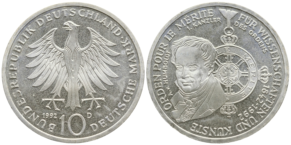 ФРГ 10 МАРОК 1992 D, 150 ЛЕТ ОРДЕНУ Pour-le-Merite ЗА ЗАСЛУГИ В НАУКЕ И СКУССТВЕ KM 179 серебро UNC 443-435