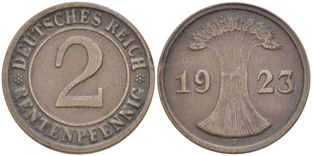 ГЕРМАНИЯ 2 РЕНТЕНПФЕННИГА 1923 D KM 31, J. 307 бронза 206-1156