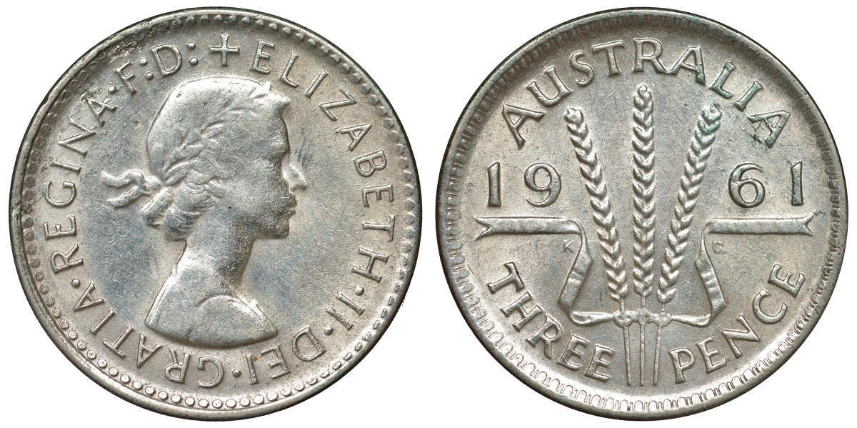 Австралия 3 пенса 1961 m, Елизавета II (1952-2022) KM 57 серебро 71-731