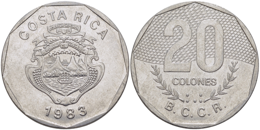 КОСТА-РИКА 20 КОЛОНОВ 1983 В.С.С.R. KM 216.1 нержавеющая сталь 82-1015