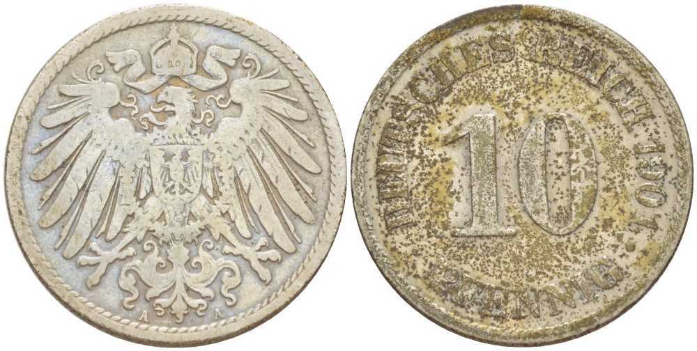 Германия 10 пфеннигов 1901 A KM 12, J. 13, Weege 8 медно-никель 259-823