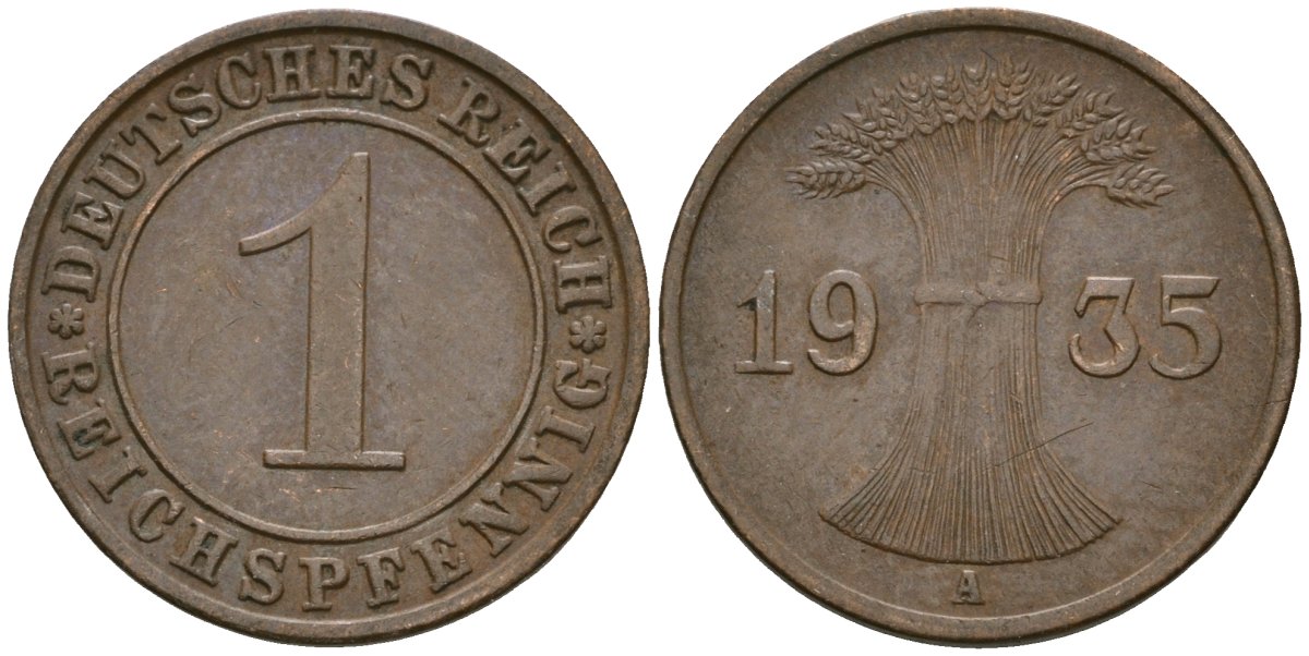 Германия 1 рейхспфенниг 1935 A KM 37, J. 313 бронза 4528-425