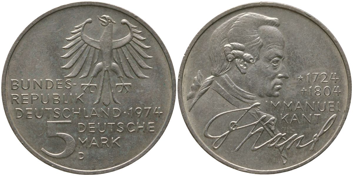ФРГ 5 марок 1974 D, 250 лет со дня рождения Иммануила Канта KM 139 серебро UNC 4557-725