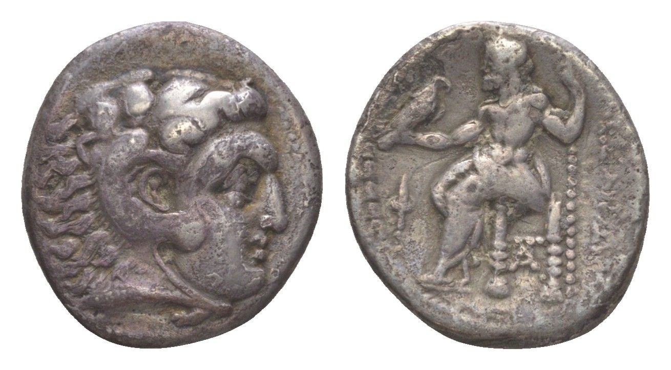 Македонское Царство драхма 322-318 гг. до н.э. Александр III Великий, голова Александра в образе Геракла в львином скальпе/Зевс на троне, факел, (посмертная чеканка при Филиппе Арридее), Сарды, (из старой нидерландской коллекции) Price 2637 серебро 1073-1