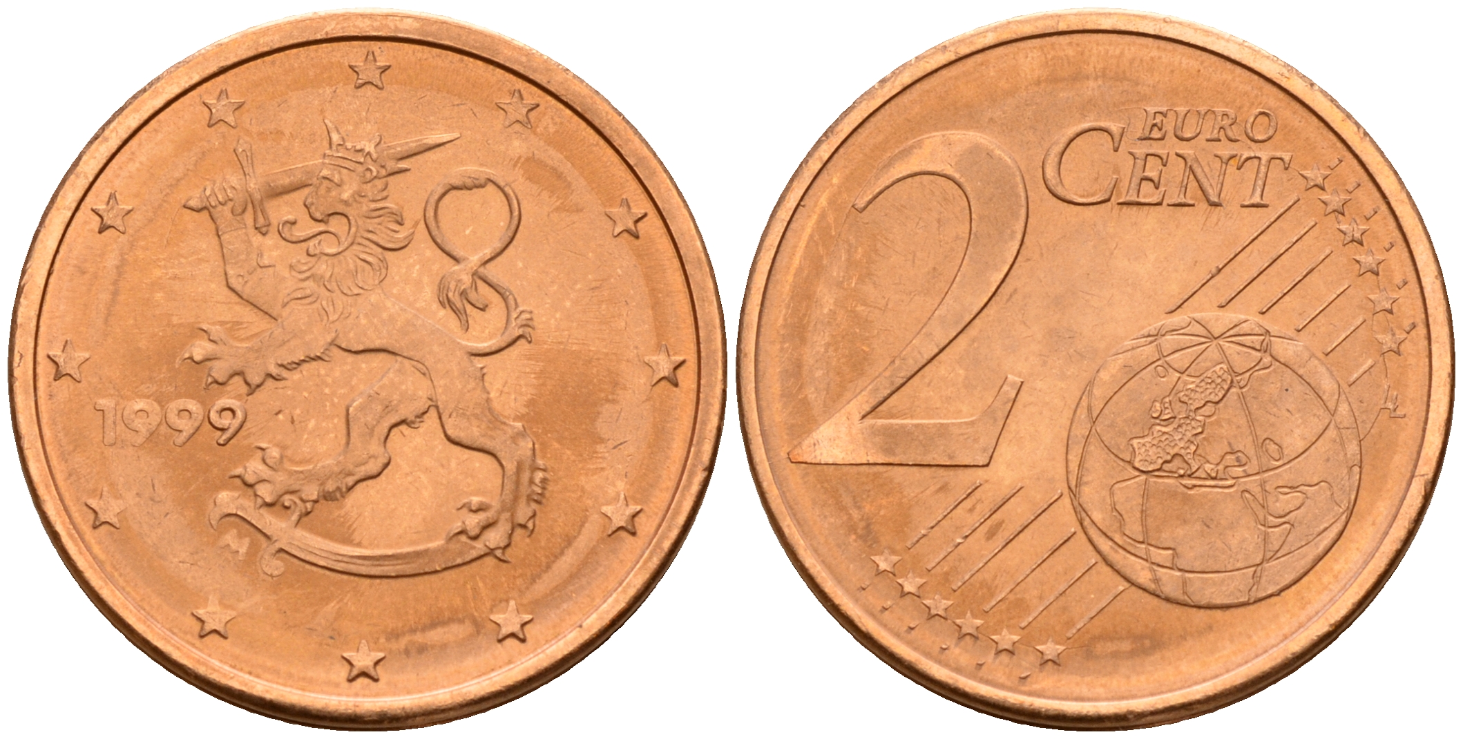 Финляндия 2 евроцента 1999  KM 99 сталь плакированная медью  UNC  4160-348
