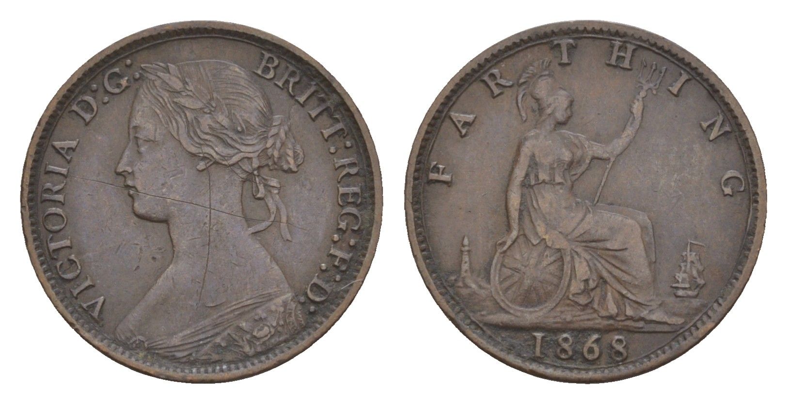 Великобритания 1 фартинг 1868 Виктория (1837-1901) KM 747.2, Spink 3958 бронза 4658-839