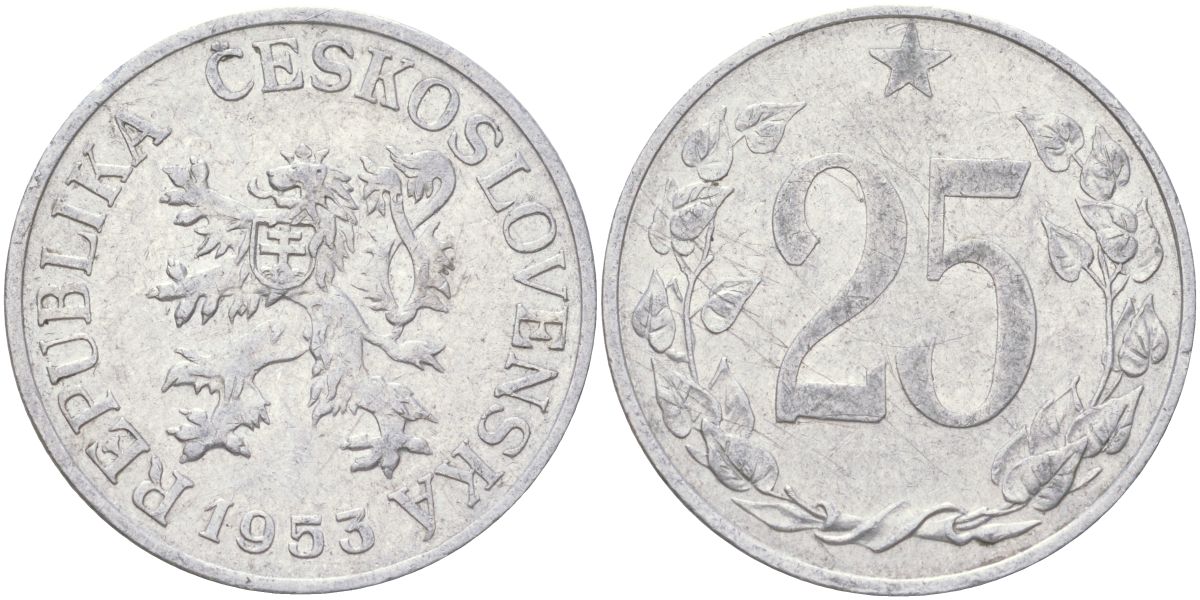 Чехословакия 25 геллеров 1953 KM 39 алюминий 4142-224