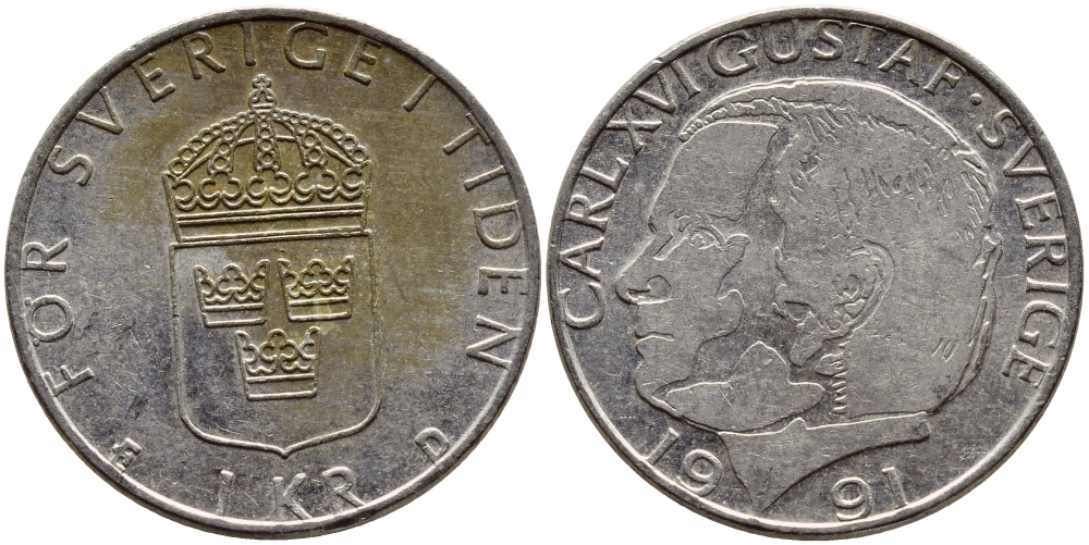 Швеция 1 крона 1991 Карл XVI Густав (1973- ) KM 852a медно-никель 4390-224