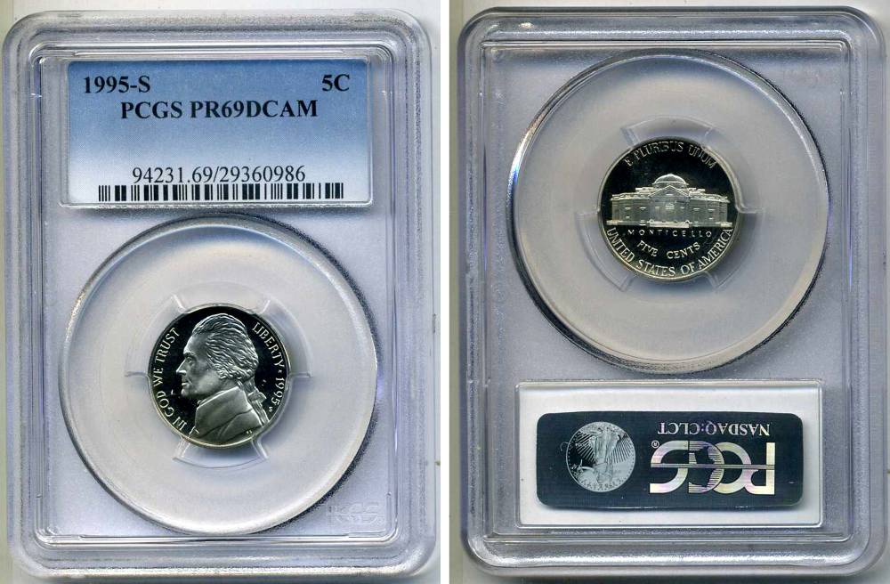 США 5 центов 1995 S, президент Джеферсон, в слабе PCGS PR69CAM KM А192 медно-никель PROOF 15-003-16