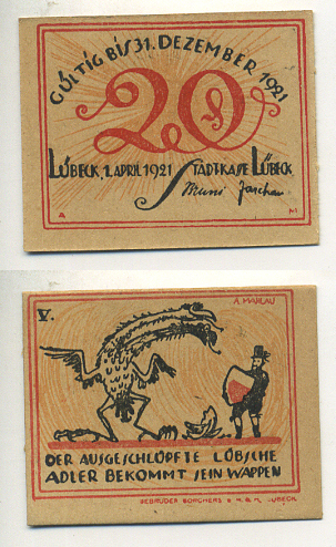 ЛЮБЕК 20 ПФЕННИГОВ 1921 НОТГЕЛЬД, 1 АПРЕЛЯ 1921, Grabowski 831.1а бумага UNC (ПРЕСС) 7222-29-2