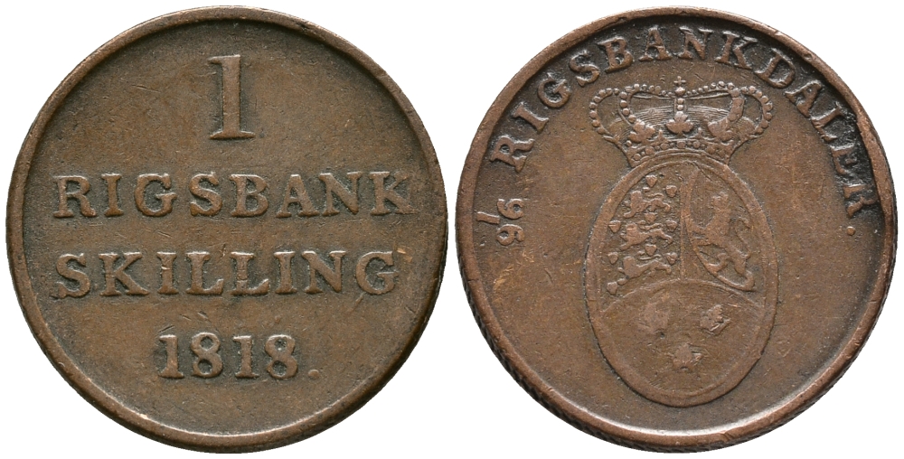 ДАНИЯ 1 РИГСБАНКСКИЛЛИНГ = 1/96 РИГСБАНКДАЛЕРА 1818 KM 688 (С101) медь 32-1043