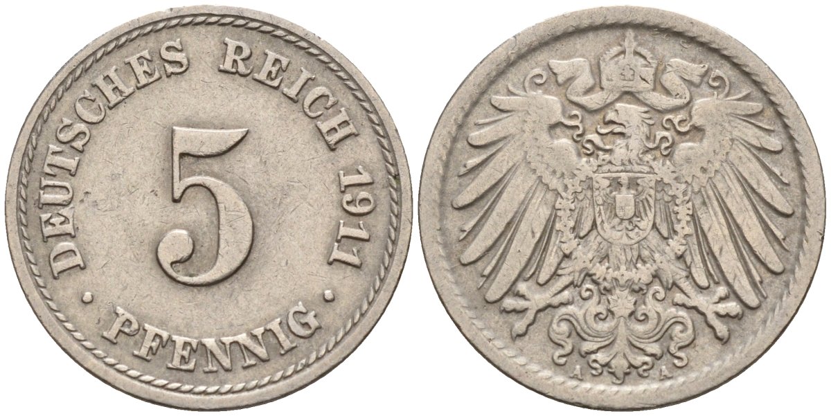 Германия 5 пфеннигов 1911 A KM 11, J. 12, Weege 6 медно-никель 4151-525