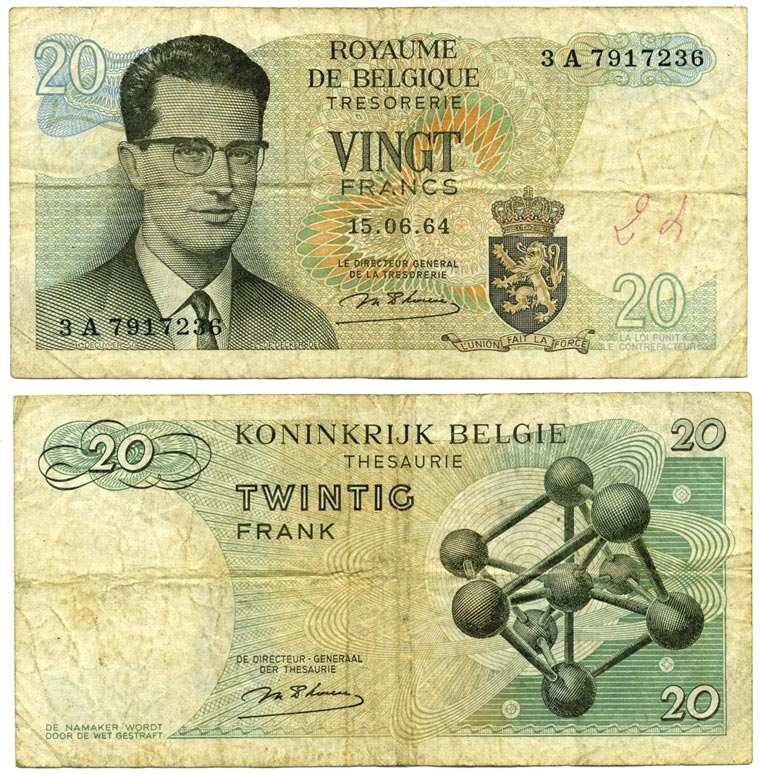 Бельгия 20 франков 1964 Бодуэн I, атомиум, d Haeze Pick 138 (1) бумага 6262-51-1-1