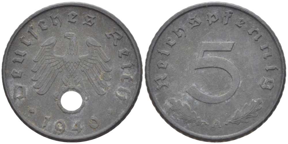 ГЕРМАНИЯ 5 РЕЙХСПФЕННИГОВ 1940 A KM 100, J. 370 цинк 211-535