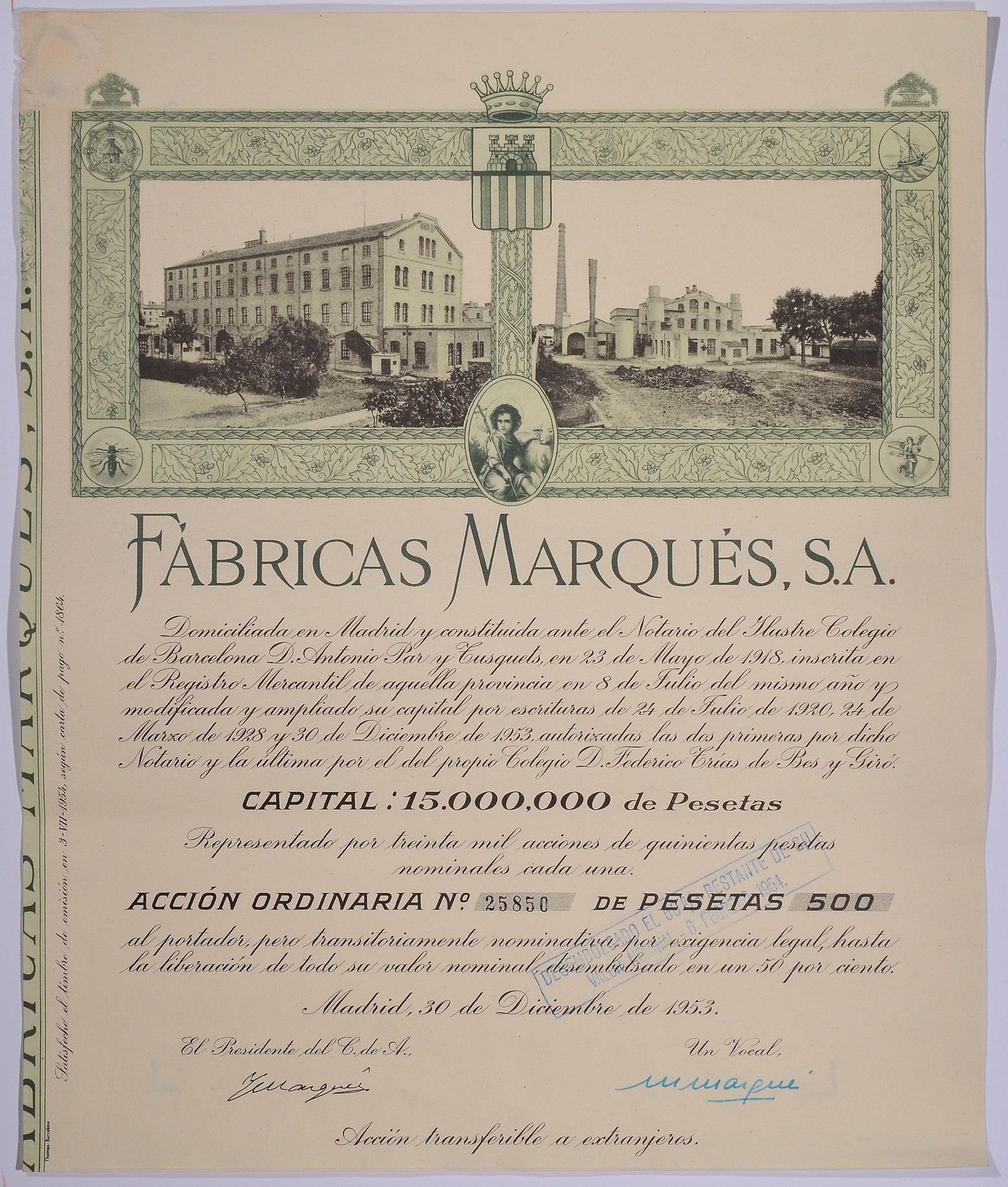 ИСПАНИЯ АЦИЯ НА 500 ПЕСЕТ 1953 FABRICAS MARQUES S.A., МАДРИД 1953 бумага 5544-6