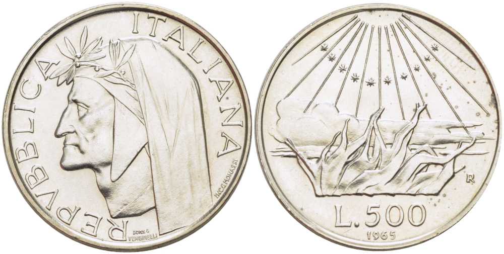 Италия 500 лир 1965 R, 700 лет со дня рождения поэта Данте Алигьери KM 100 серебро 83-646