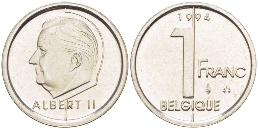 БЕЛЬГИЯ 1 ФРАНК 1994 BELGIQUE, АЛЬБЕРТ II (1993-) KM 187 железо плакированное никелем 3851-1157