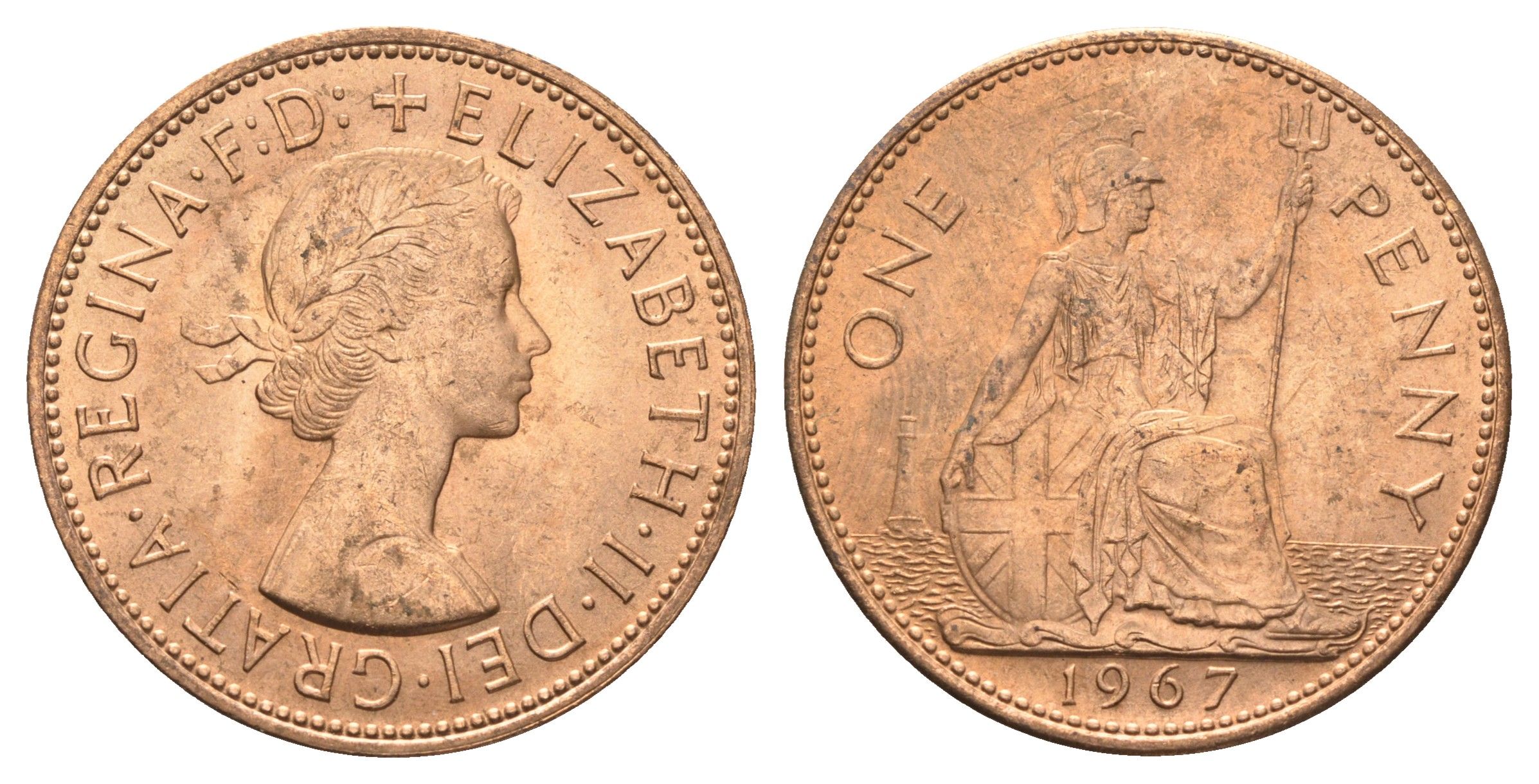 Великобритания 1 пенни 1967 Елизавета II (1952-2022) KM 897, Spink 4157 бронза UNC 4661-1013