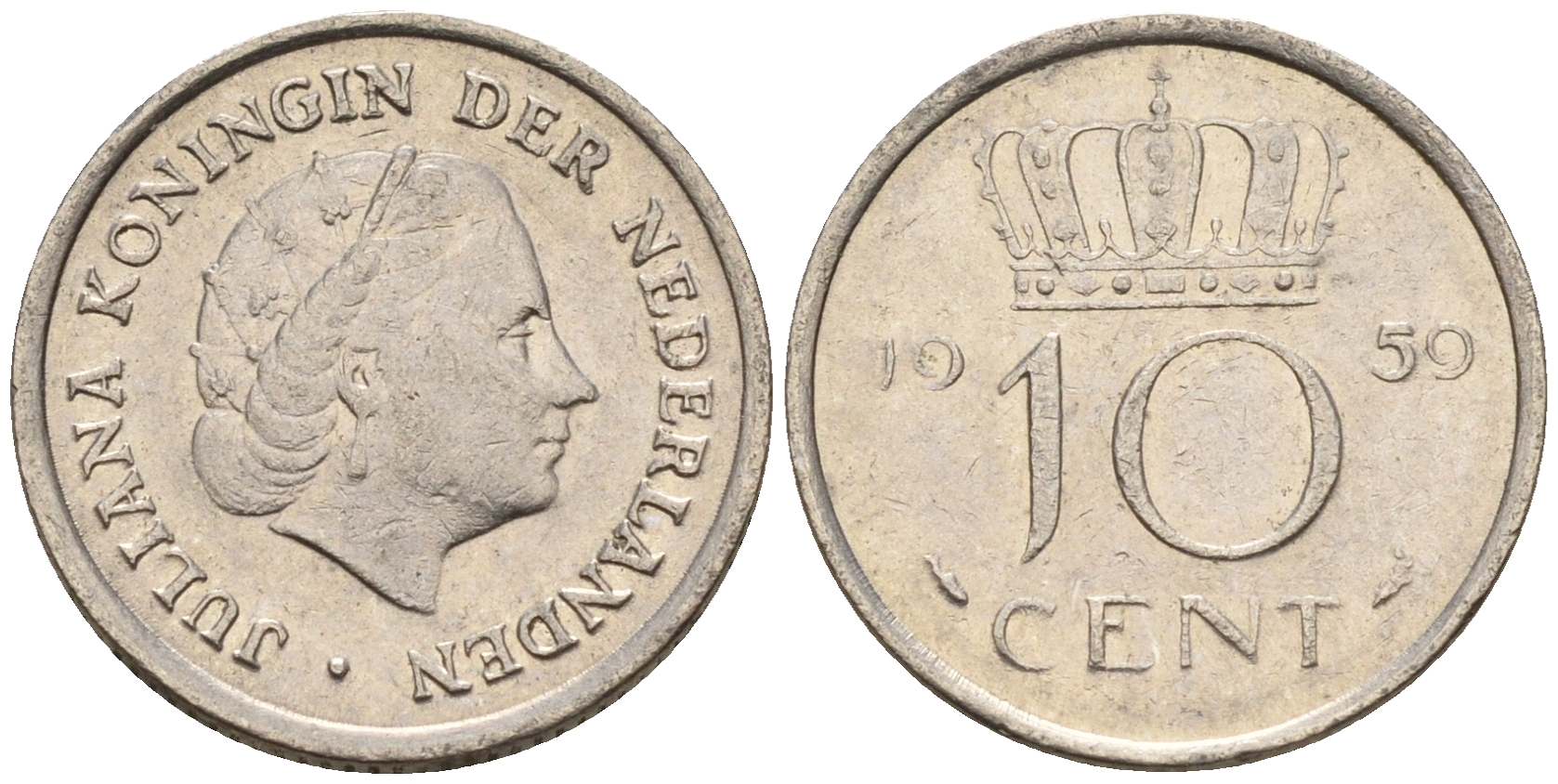 Нидерланды 10 центов 1959 Юлиана (1948-1980) КМ 182 никель    4602-531