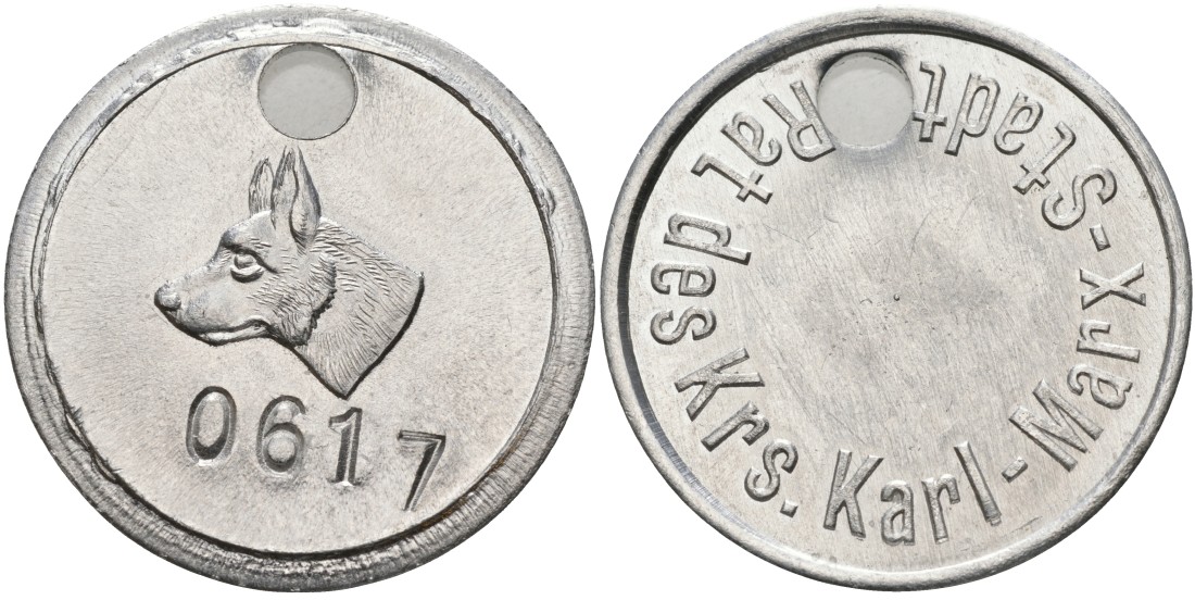 Германия СОБАЧИЙ жетон, РЕГИСТРАЦИОННЫЙ №0617, ГОРОД Карл МАРКС ШТАДТ, РАЙОННЫЙ СОВЕТ алюминий 4557-234