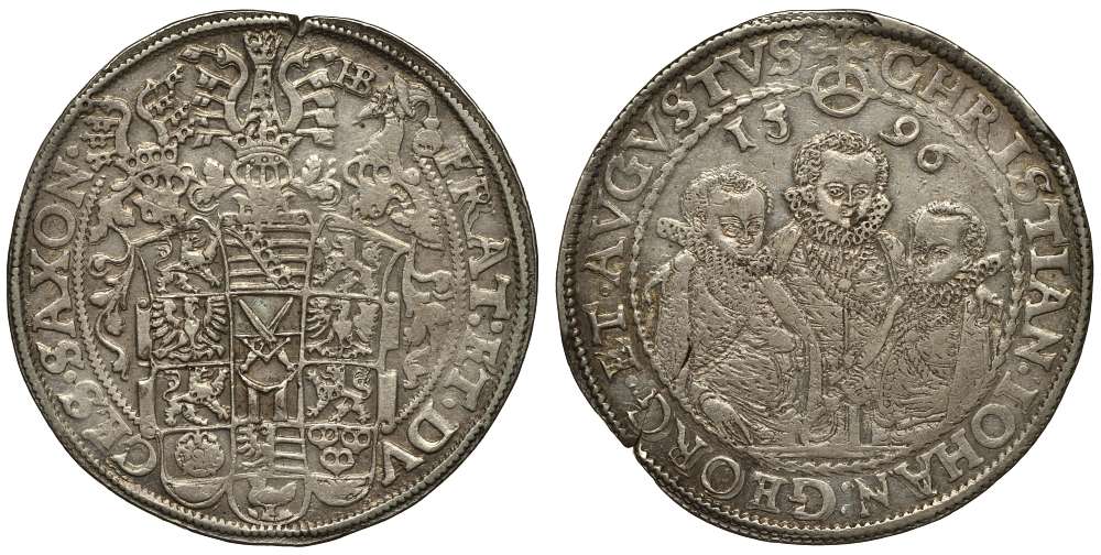 Саксония 1 талер 1596 HB, Август, Кристиан, Иоанн, три поясных портрета Keilitz/Kahnt 186, Schnee 754, Davenport 9820. серебро 00-000-00