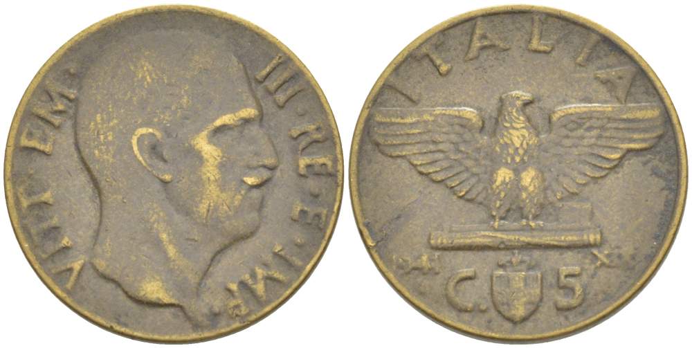 ИТАЛИЯ 5 ЧЕНТЕЗИМО 1941 R, ГОД XIX, ВИКТОР ЭММАНУИЛ III (1900-1946) KM 73a алюминиевая бронза 4525-154