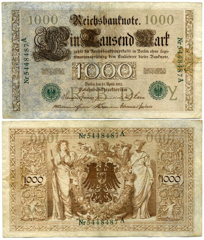 ГЕРМАНИЯ 1000 МАРОК 1910 ЗЕЛЕНАЯ ПЕЧАТЬ, 7 ЦИФР В НОМЕРЕ Pick 45b бумага 3295-119-3-2