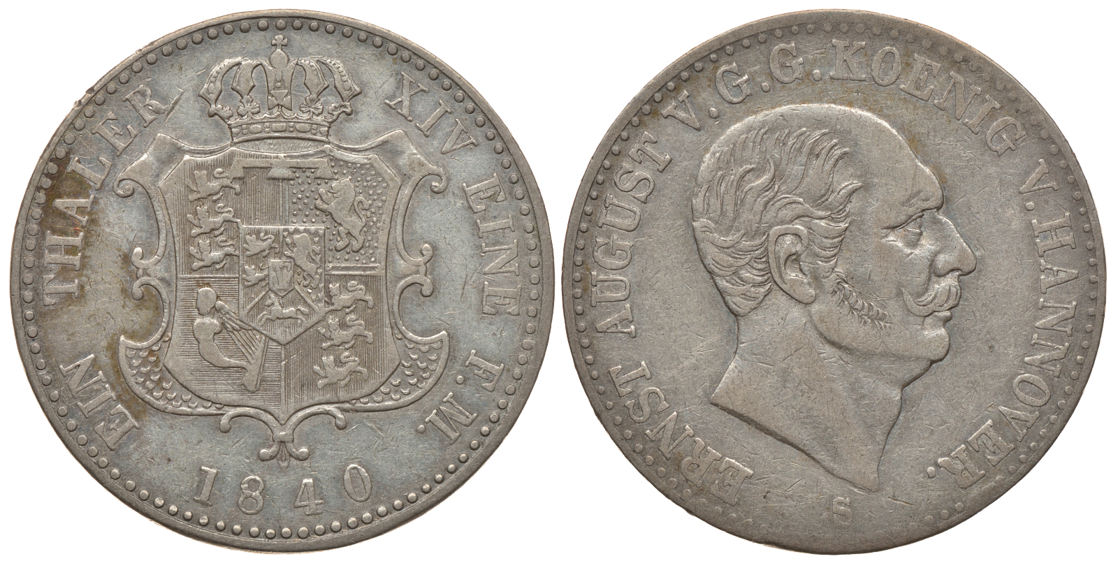 Брауншвейг-Каленберг-Ганновер 1 талер 1840 S, Эрнст Август (1837-1851), редкий КМ 193, Jaeger 68, Thun 161, AKS 103, Kahnt 229 серебро    00-807-26