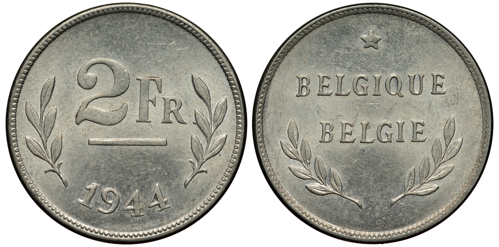 Бельгия 2 франка 1944  KM 133 сталь плакированная цинком  aUNC  214-139