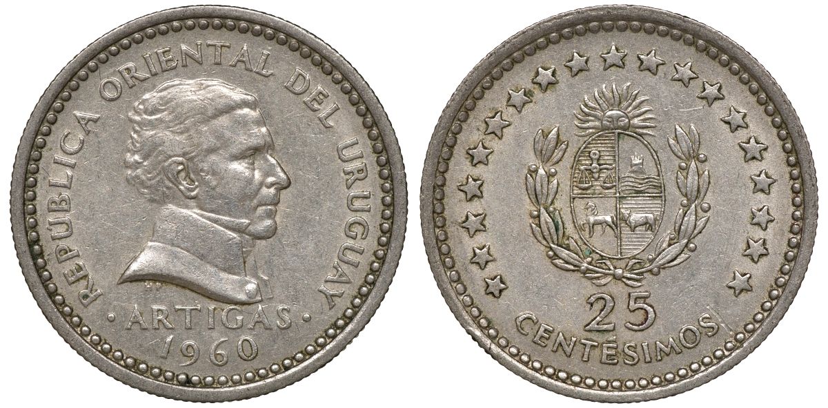 Уругвай 25 сентесимо 1960 KM 40 медно-никель 4169-961