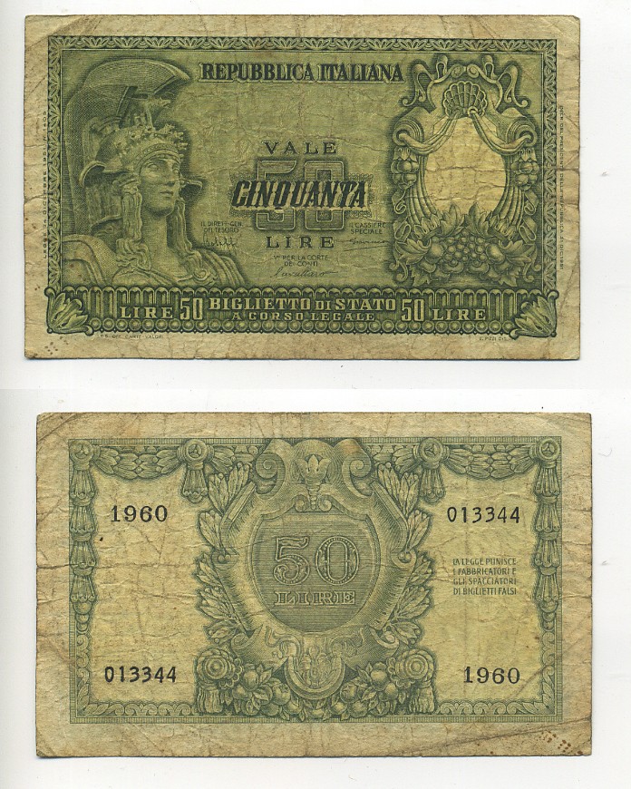 Италия 50 лир 1951 Афина Pick 91a бумага 6317-21-1