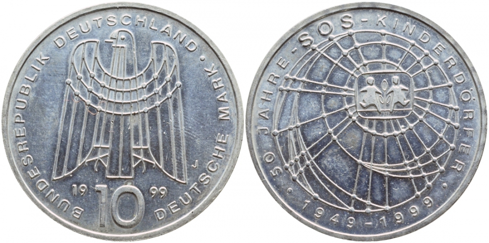 ФРГ 10 марок 1999 J, 50 лет организации защиты детей KM 198 серебро UNC 1520-1515