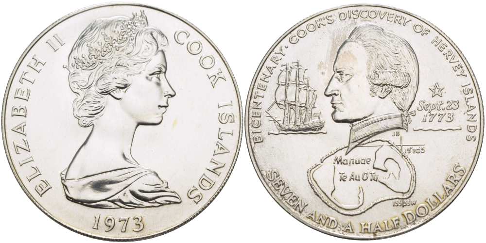 ОСТРОВА КУКА 7 1/2 ДОЛЛАРА 1973 ВТОРОЕ ПЛАВАНЬЕ КУКА ПО ТИХОМУ ОКЕАНУ, 200 ЛЕТ ОТКРЫТИЮ ОСТРОВА ХЕРВИ, ПРОБА 925, ВЕС 33,8 ГР., ТИРАЖ 6000 ЭКЗ., ДИАМЕТР 42 ММ. KM 10 серебро UNC 1085-7-23