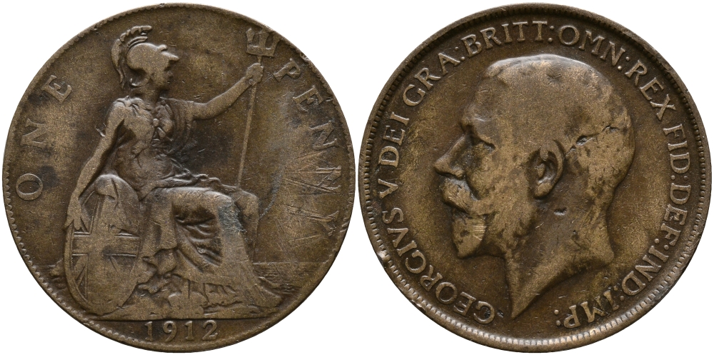 Великобритания 1 пенни 1912 Георг V (1910-1936) KM 810, Spink 4051 бронза 4607-633