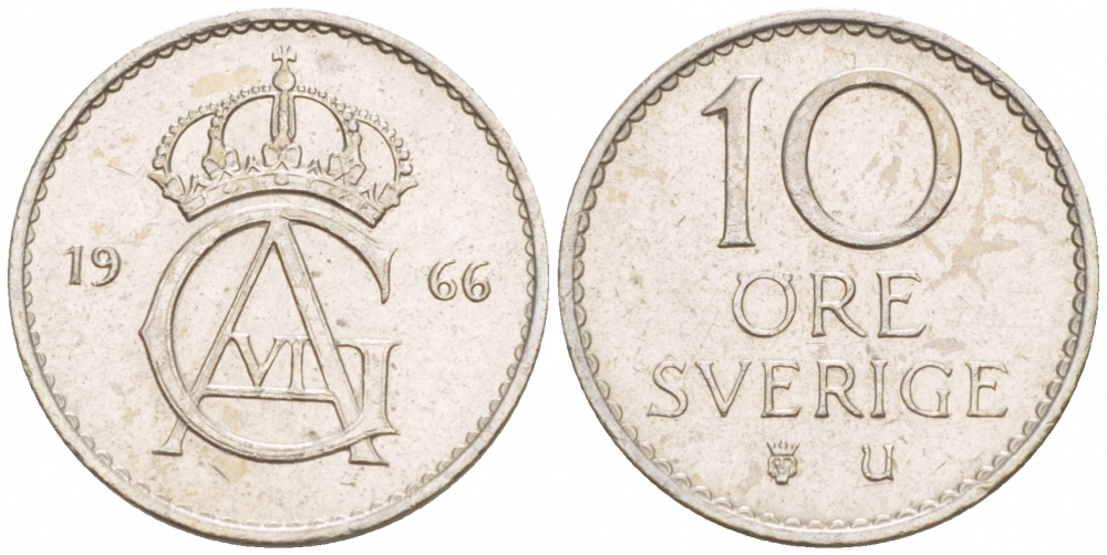 Швеция 10 эре 1966 U Густав VI Адольф (1950-1973) KM 835 медно-никель 4547-1058