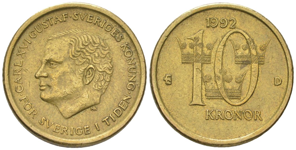 Швеция 10 крон 1992 D, Карл XVI Густав (1973-) KM 877 нордик 4561-444