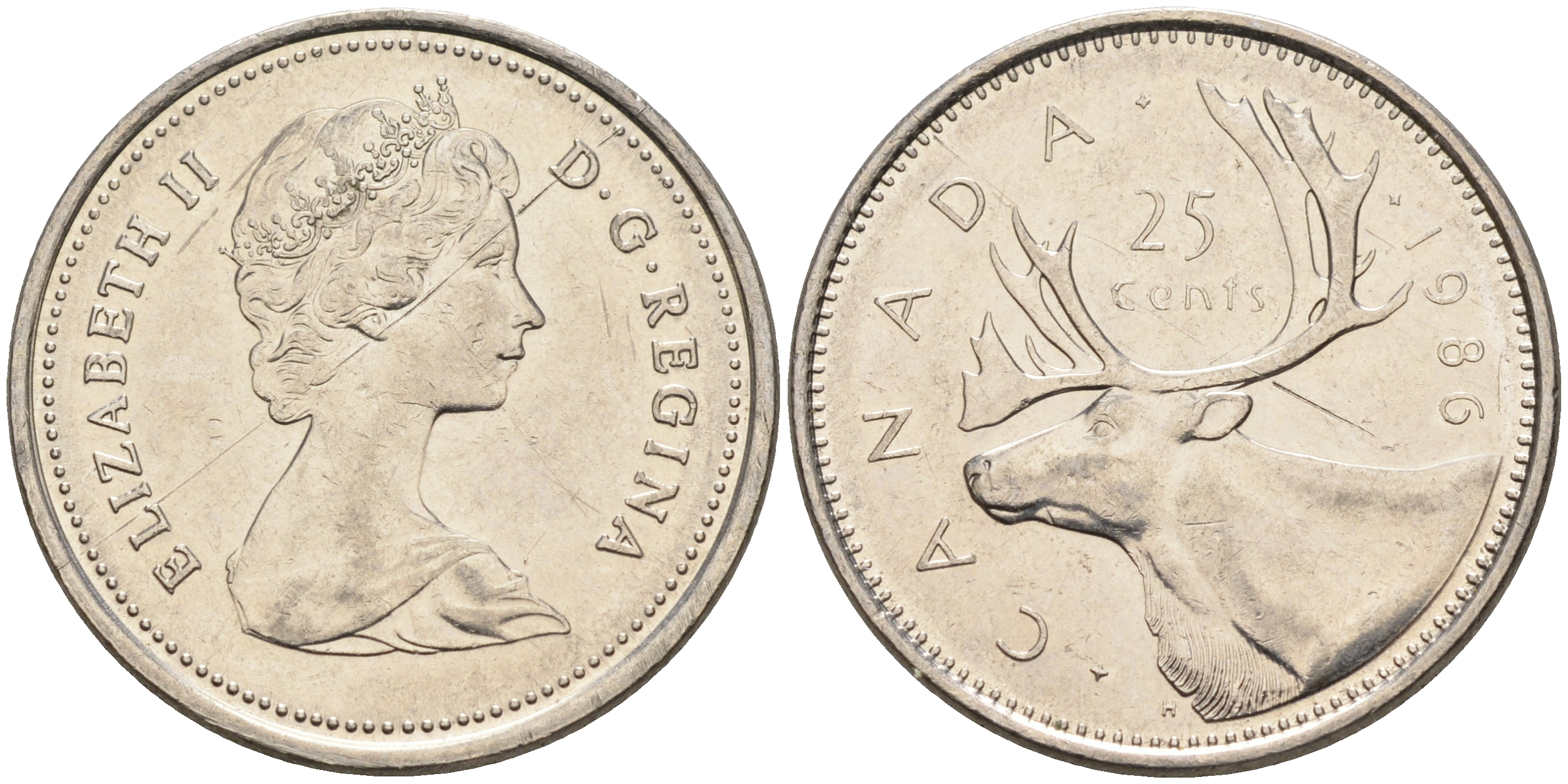 Канада 25 центов 1986 Елизавета II (1952-2022), олень KM 74 никель  4150-456